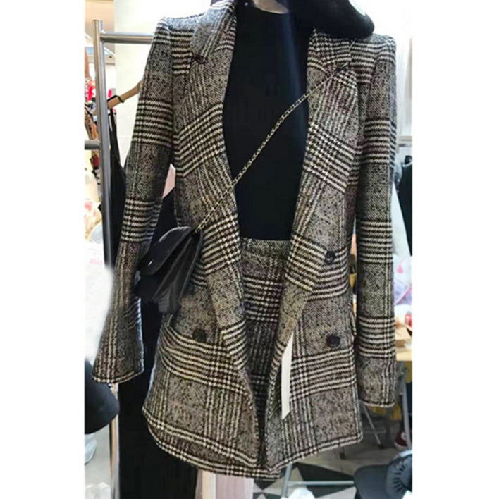 Women's Plaid Suit Blazer Coat + Short A-line Skirt