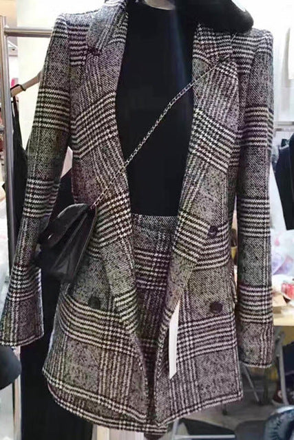 Women's Plaid Suit Blazer Coat + Short A-line Skirt